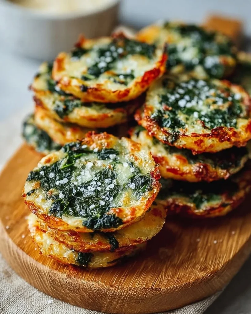 Plate of crispy spinach parmesan crisps for a healthy snack