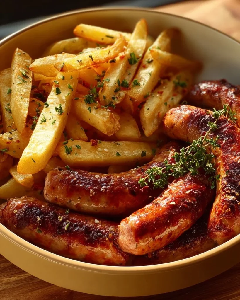 Crispy spiral sausages with spiced fries served on a plate.