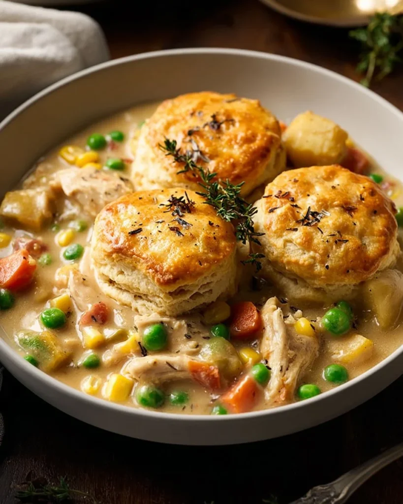 Delicious Crockpot Chicken Pot Pie served in a bowl with fresh herbs