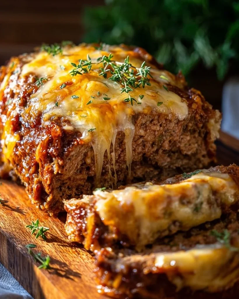 Crockpot French Onion Meatloaf topped with melted Swiss cheese