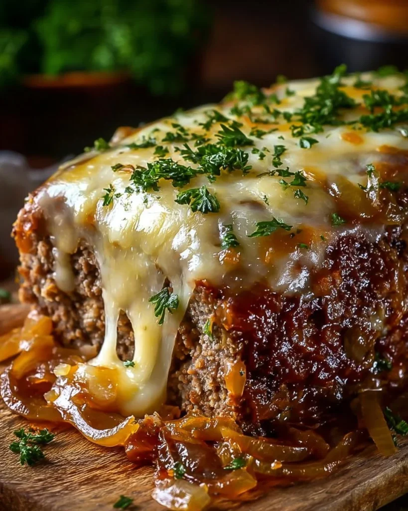 Delicious Crockpot French onion meatloaf topped with melted Swiss cheese