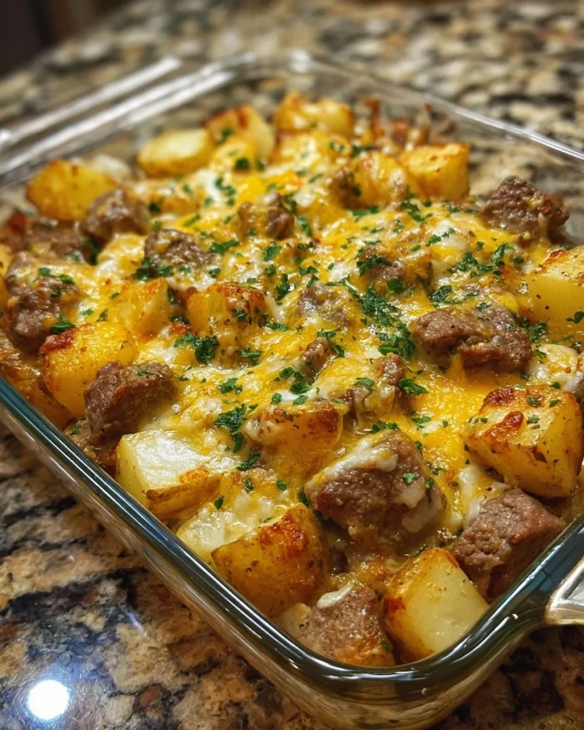 Crockpot Loaded Steak and Potato Bake ready to serve with melted cheese and fresh herbs