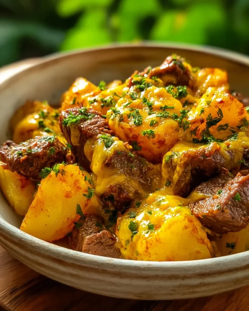 Crockpot Loaded Steak & Potato Bake with cheese and herbs