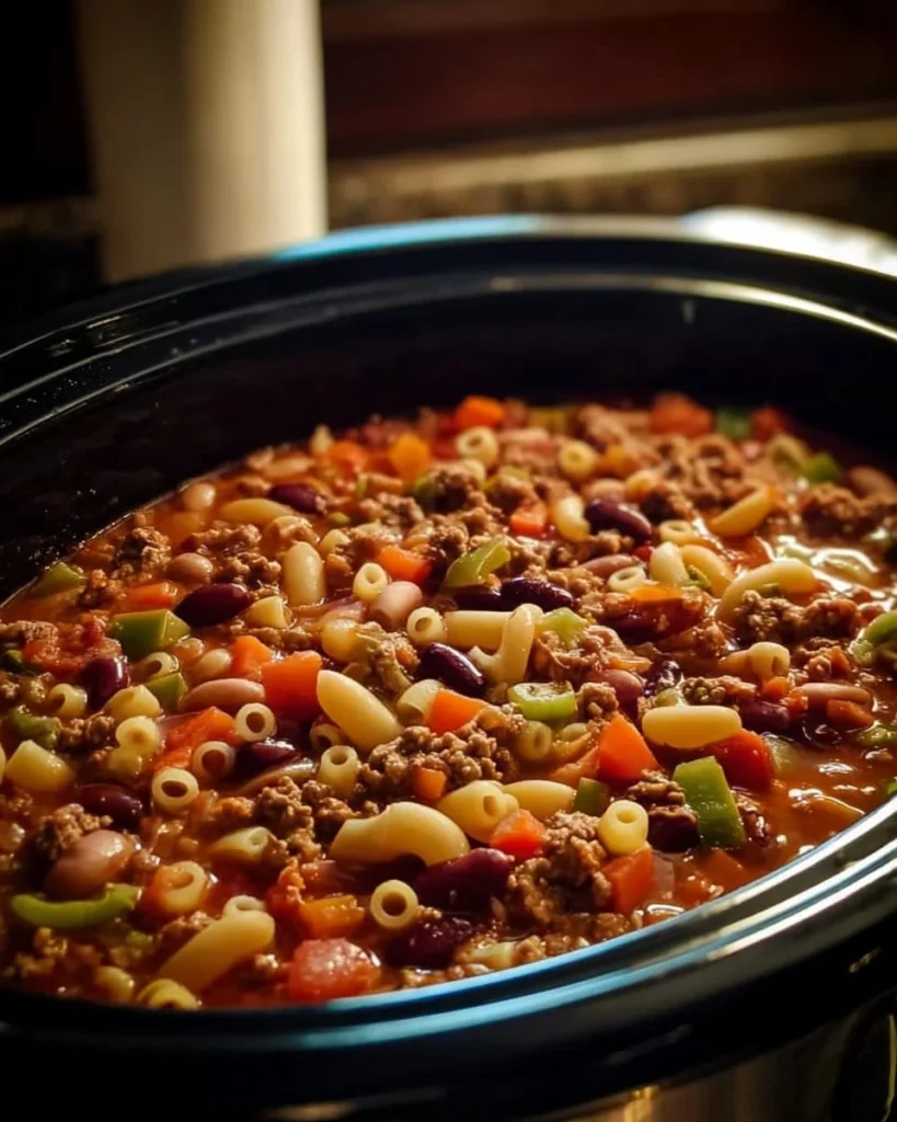 Bowl of delicious Crockpot Pasta Fagioli with beans and pasta