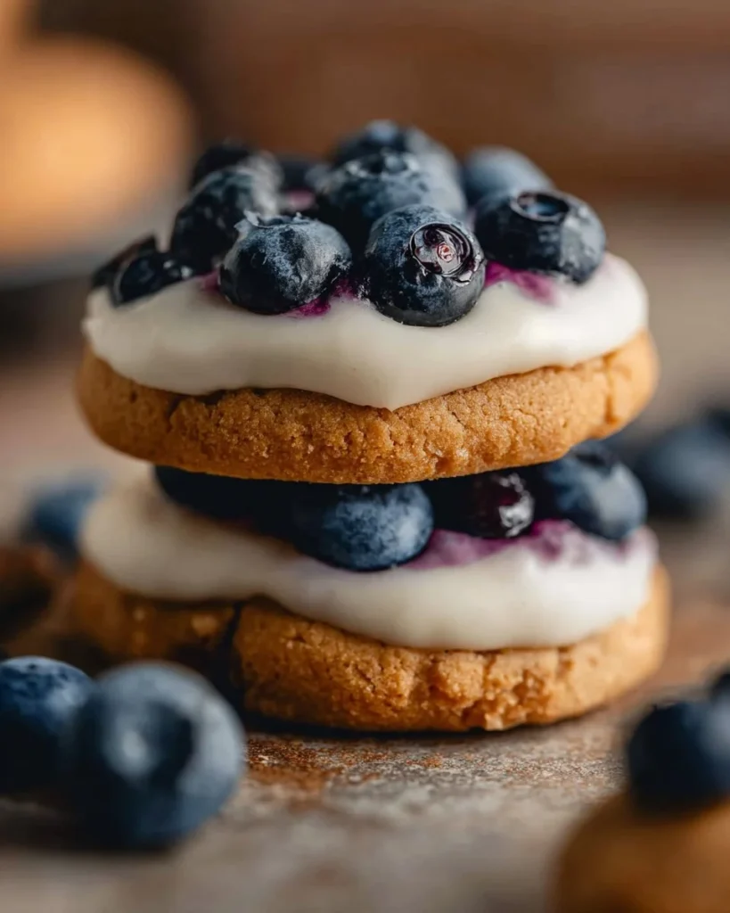 Crumbl blueberry cheesecake cookies with blueberries and creamy frosting