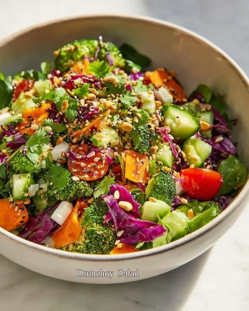 A vibrant crunchy detox salad full of fresh vegetables and healthy ingredients.