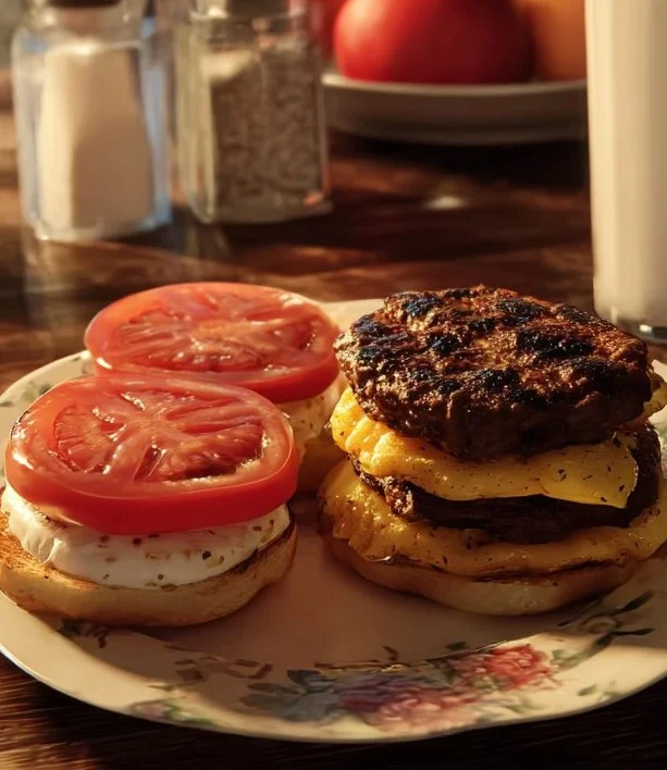 Cubed steak sandwich topped with egg, cheese, and tomato on a plate.