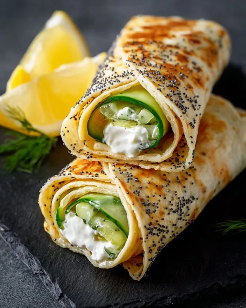 Cucumber cottage cheese wraps served on a plate with fresh herbs.