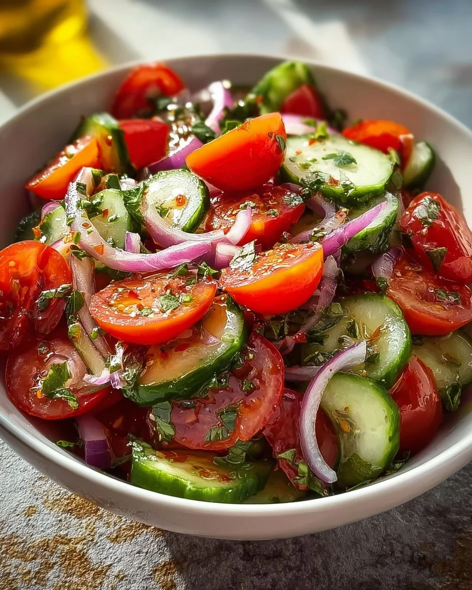 Fresh Cucumber Tomato Salad with herbs and dressing