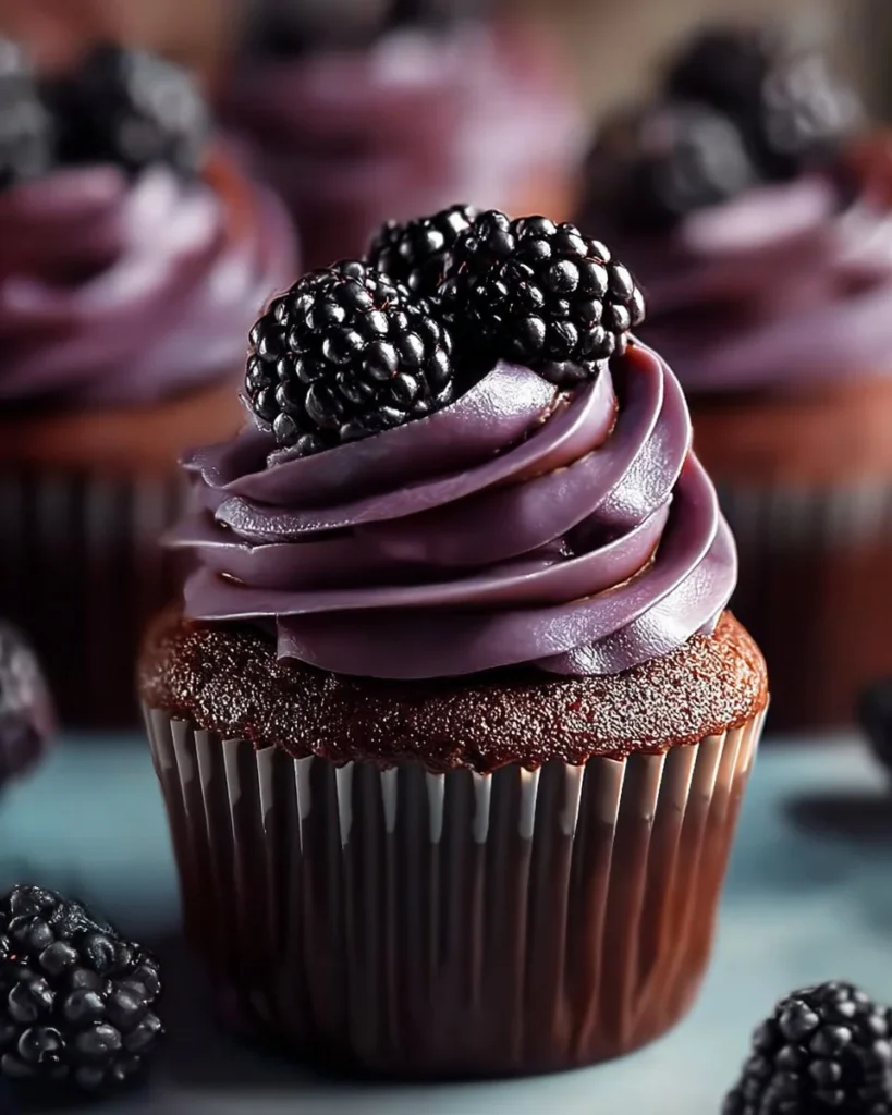 Delicious dark chocolate blackberry cupcakes on a rustic wooden table