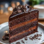 Delicious dark chocolate mousse cake with rich chocolate layers and whipped cream topping.
