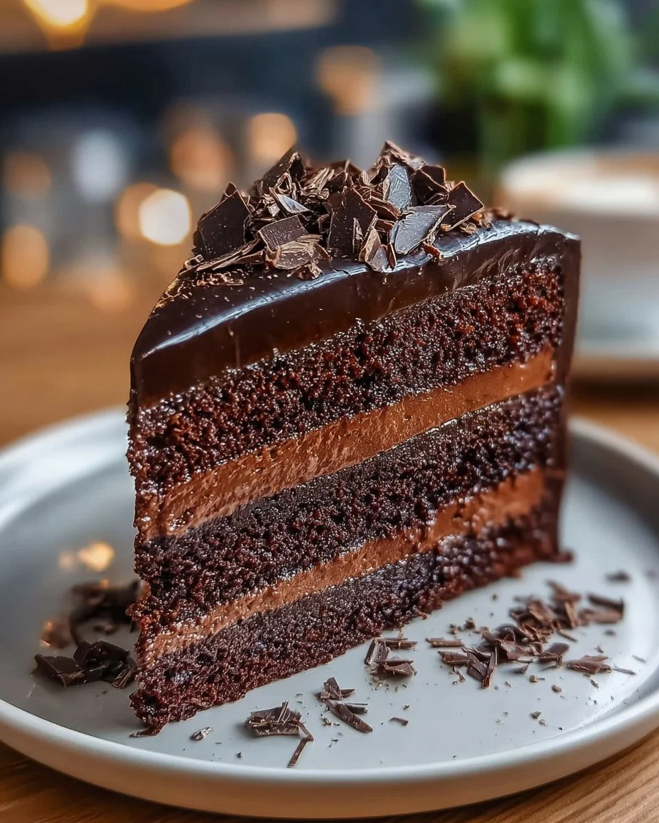 Delicious dark chocolate mousse cake with rich chocolate layers and whipped cream topping.