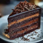 Decadent dark chocolate mousse cake topped with chocolate shavings