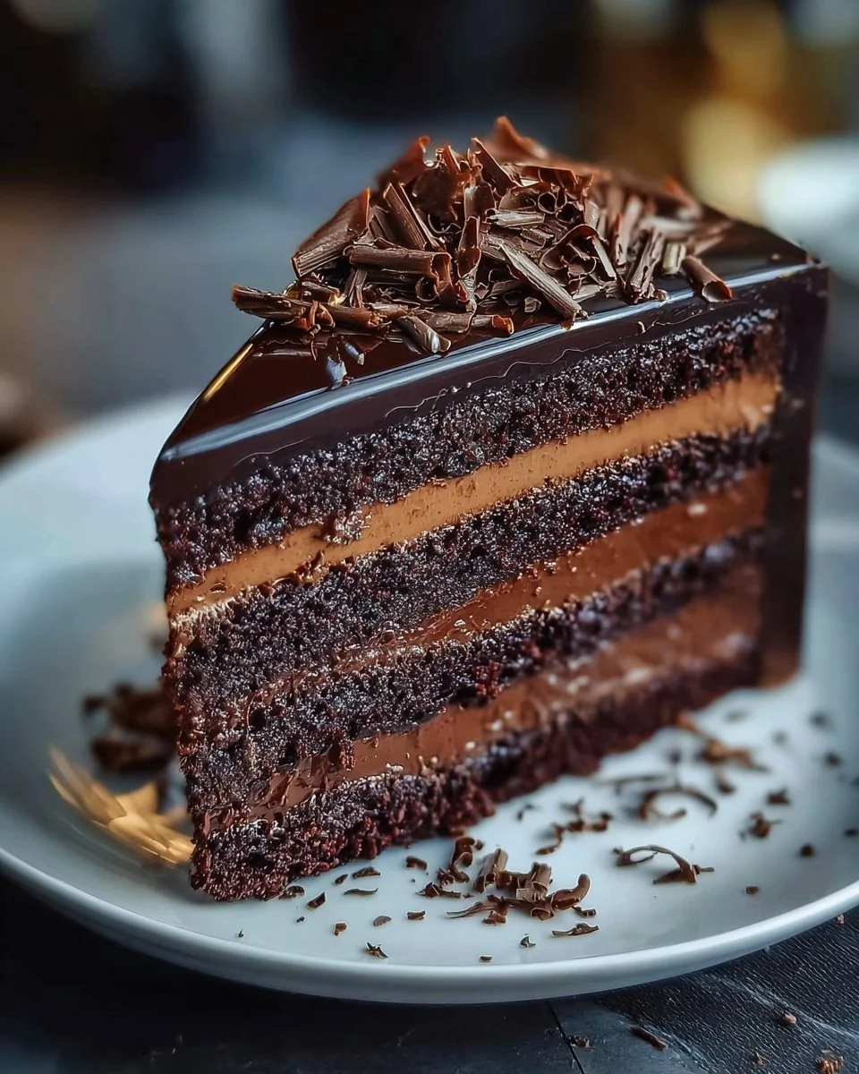 Decadent dark chocolate mousse cake topped with chocolate shavings