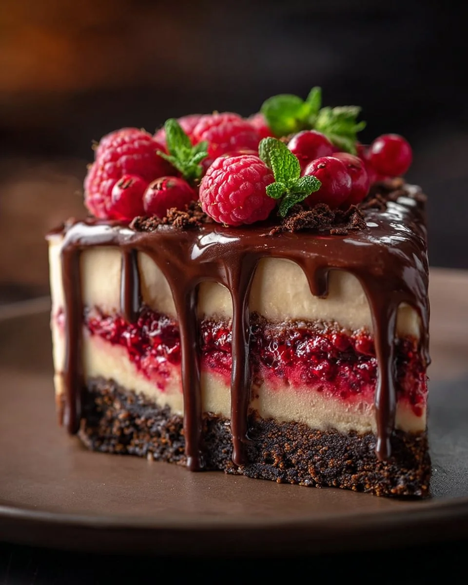 Delicious dark chocolate raspberry cheesecake slice on a white plate