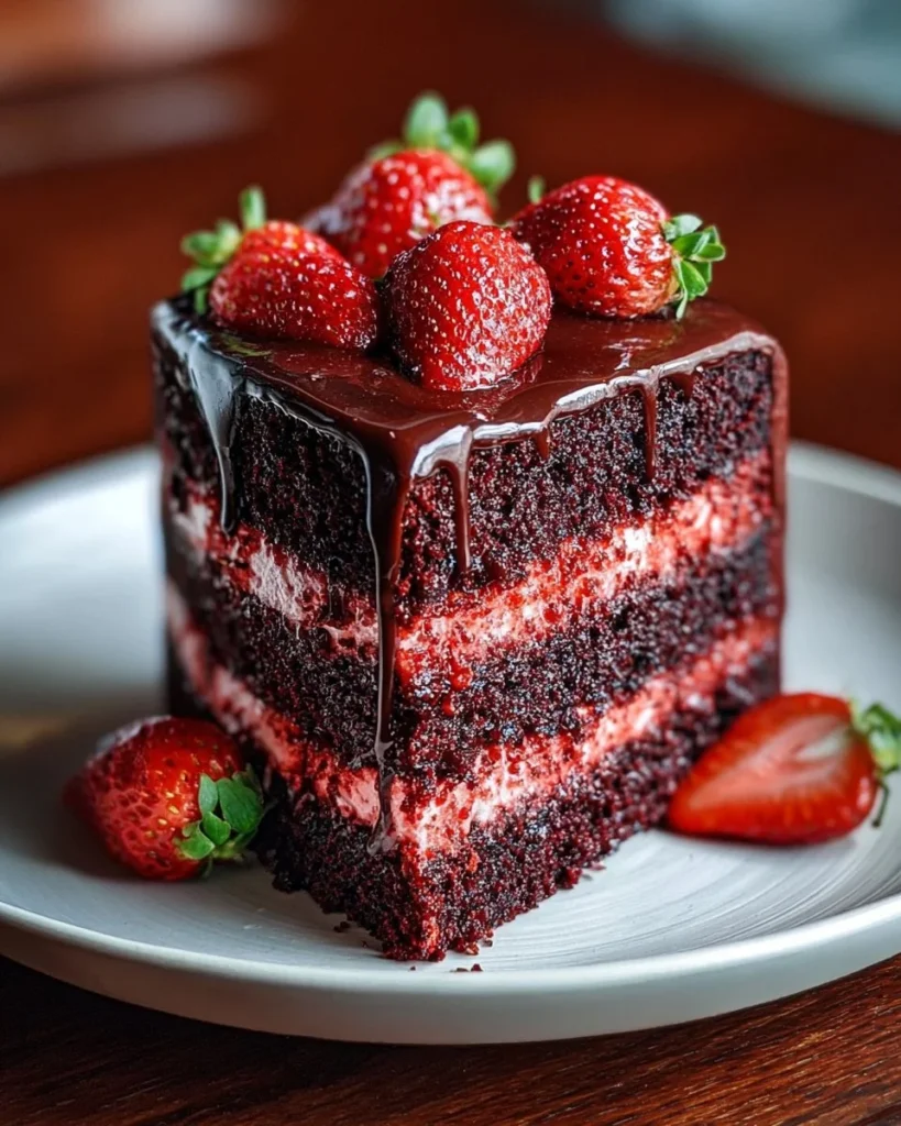 Delicious Dark Velvet Strawberry Cake topped with fresh strawberries