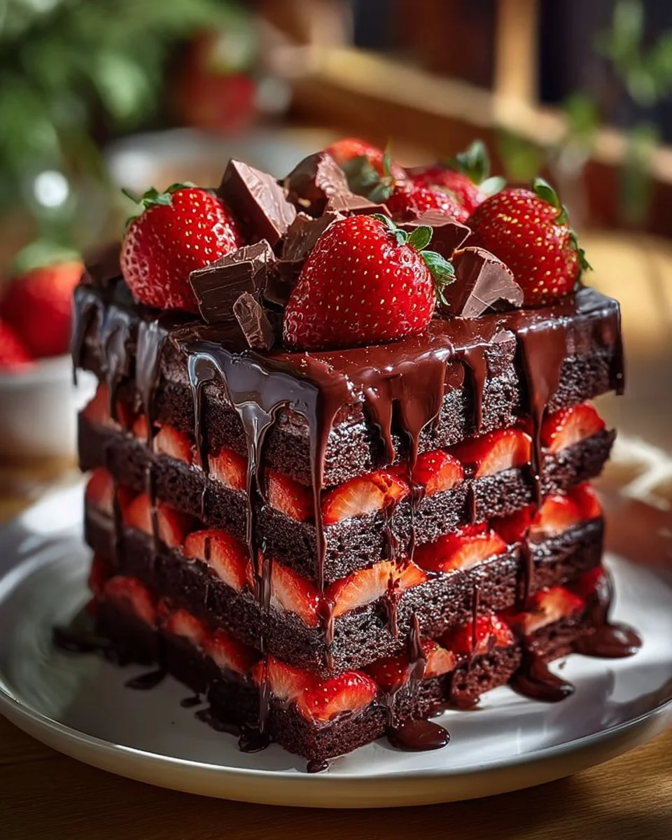 Dark Velvet Strawberry Cake with rich chocolate layers and fresh strawberries