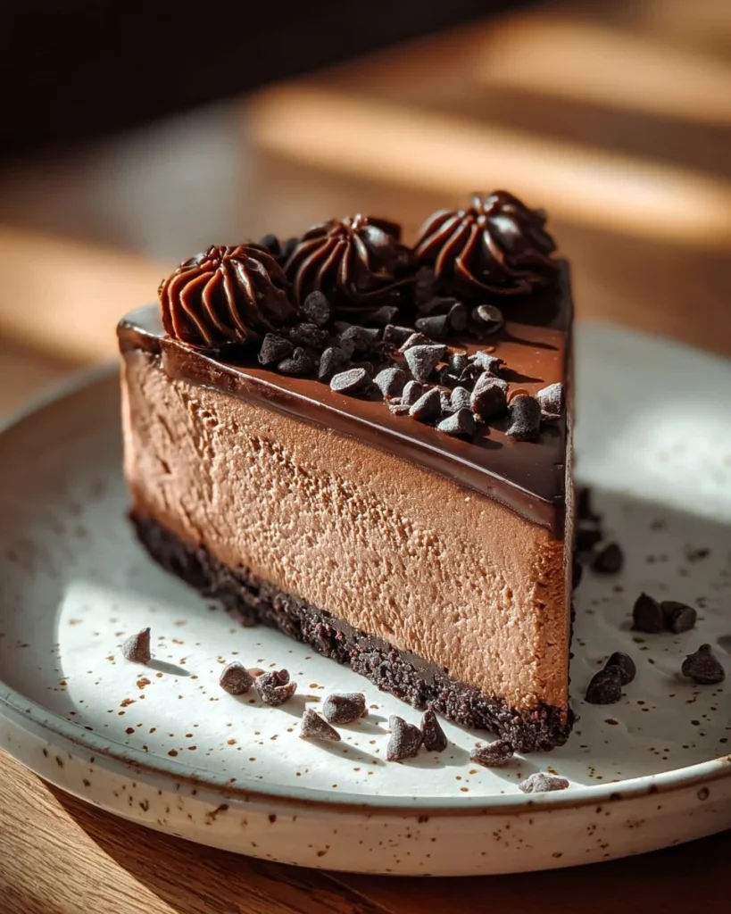 Death by chocolate cheesecake topped with chocolate shavings and drizzles