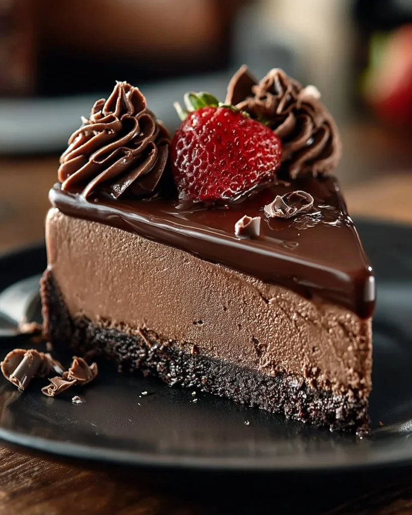 Death by Chocolate Cheesecake with creamy chocolate layers and ganache topping
