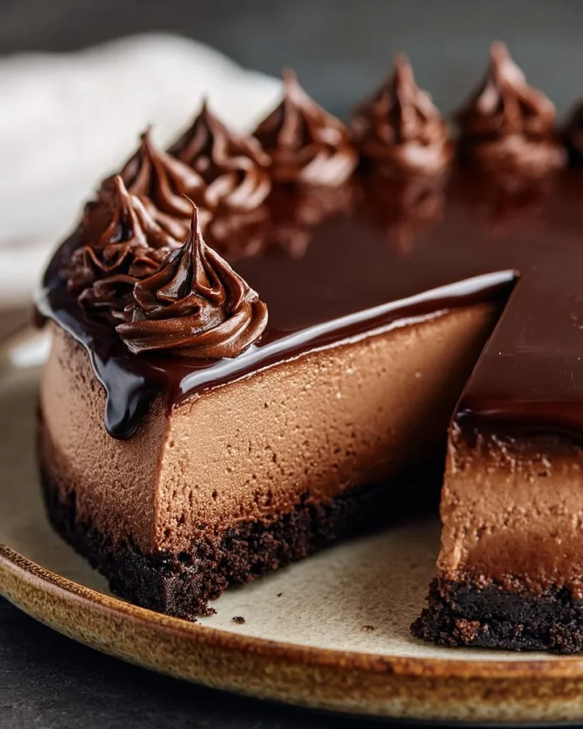 Death by Chocolate Cheesecake slice topped with chocolate shavings