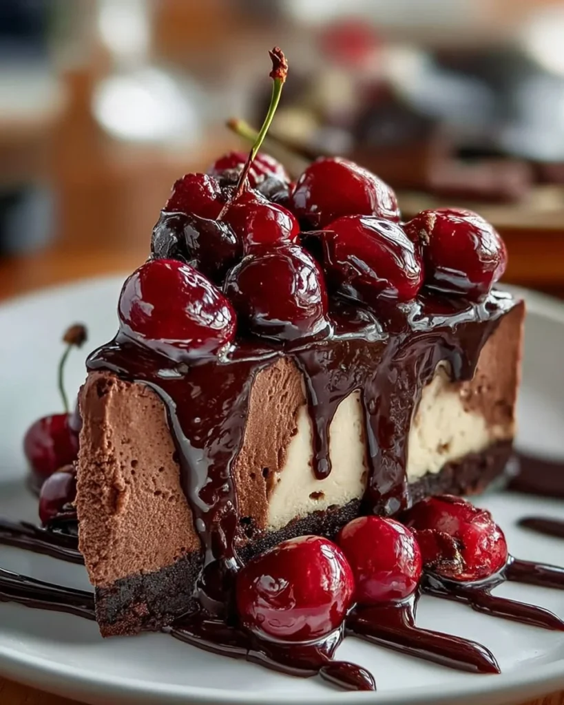 Decadent Black Forest Cheesecake topped with cherries and chocolate shavings