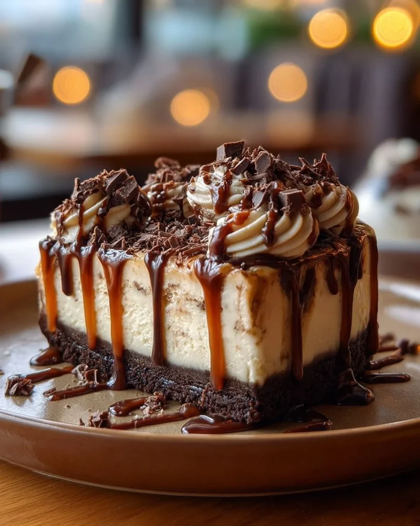 Delicious caramel brownie cheesecake topped with rich caramel sauce