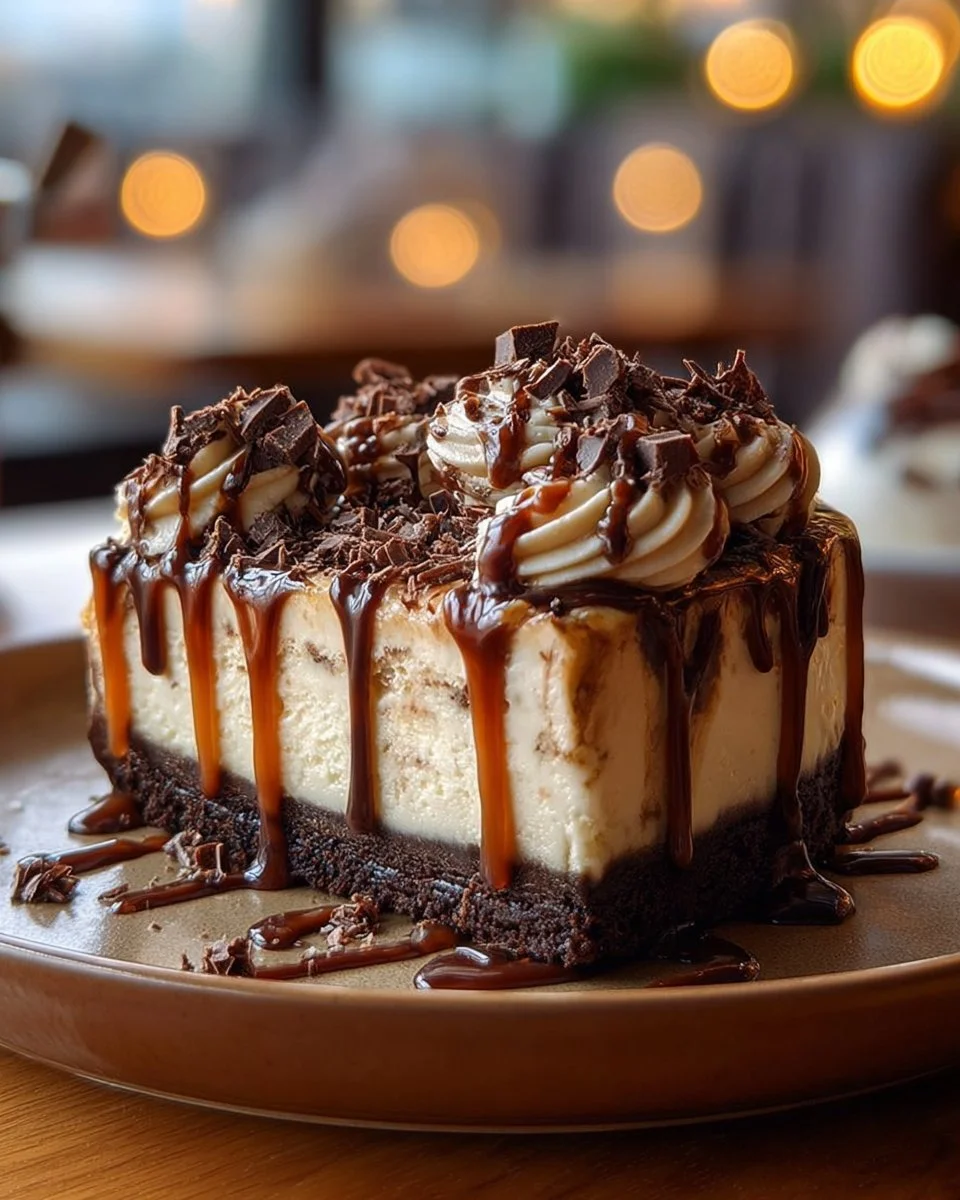 Delicious caramel brownie cheesecake topped with rich caramel sauce