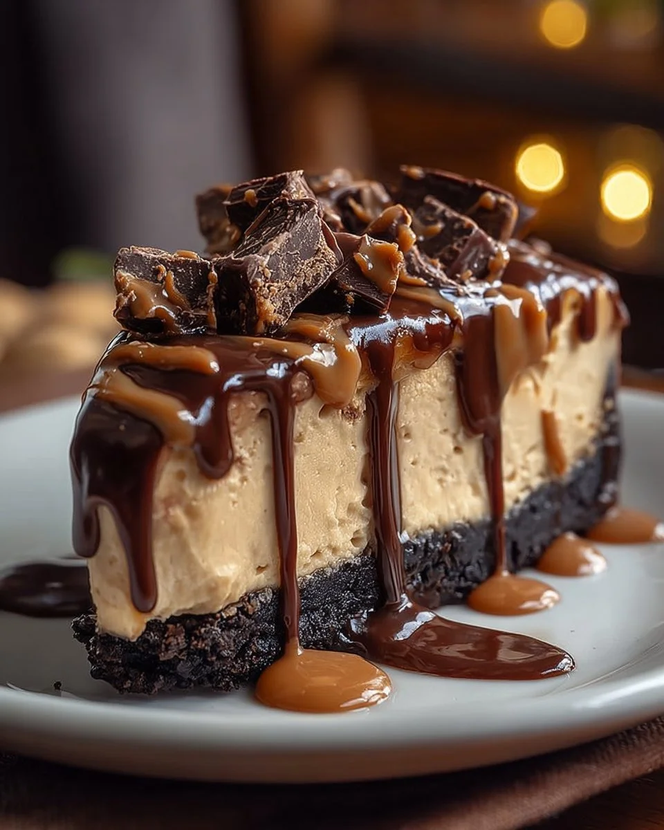 Decadent caramel brownie cheesecake topped with drizzled caramel and chocolate.