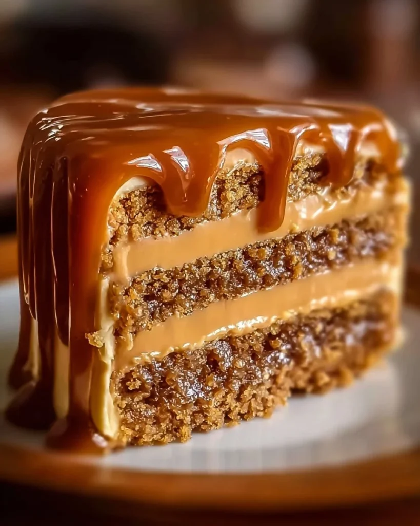 Decadent caramel layer cake with rich frosting and layers of deliciousness