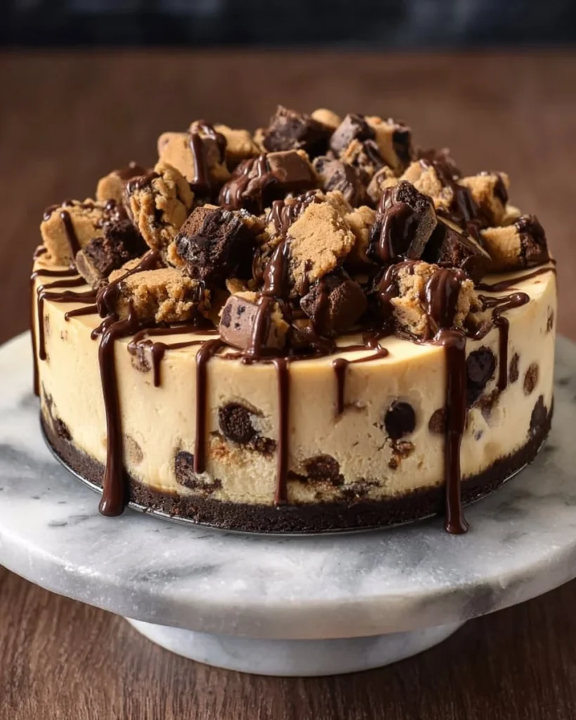 Decadent cheesecake swirled with cookie dough, a perfect dessert treat.