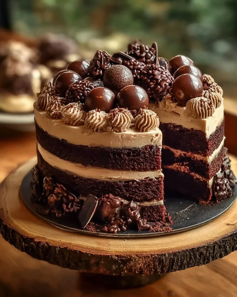 Decadent chocolate blackberry cake with rich frosting and fresh blackberries on top.