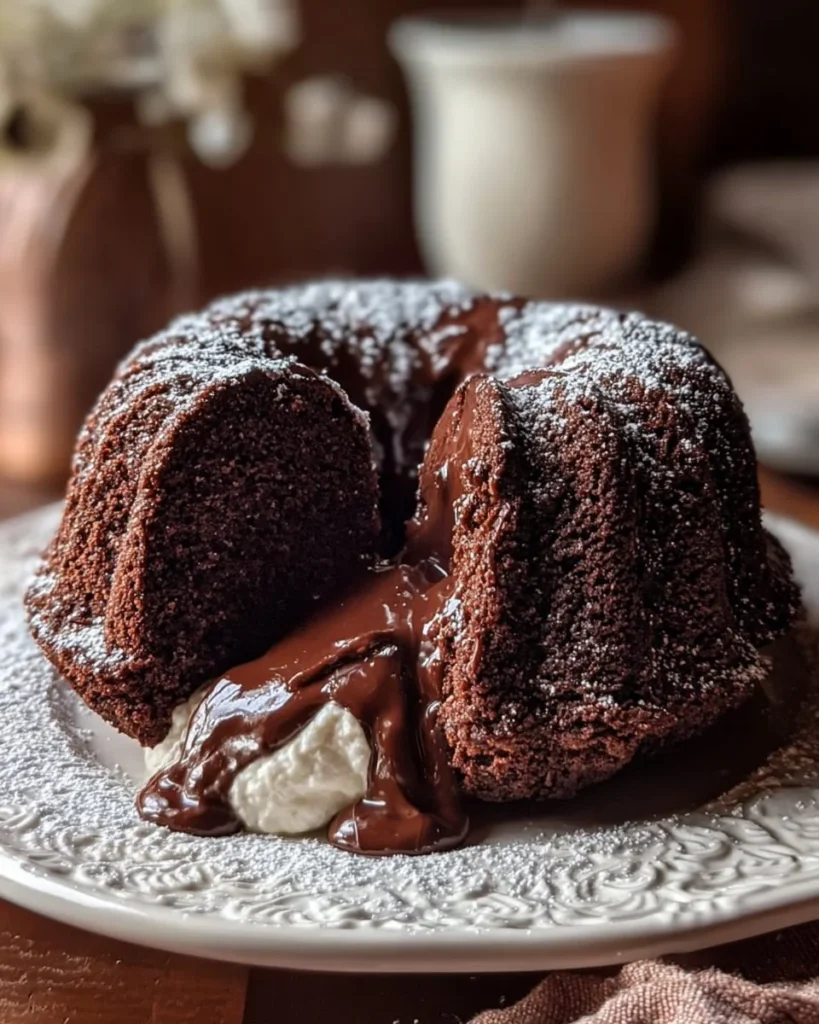 Decadent Chocolate Bundt Cake with creamy filling and ganache glaze
