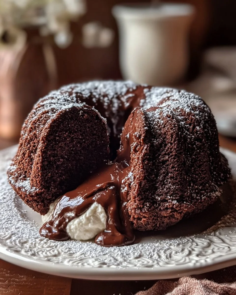 Decadent Chocolate Bundt Cake with creamy filling and ganache glaze