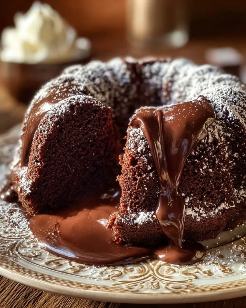 Decadent chocolate bundt cake with creamy filling and ganache glaze