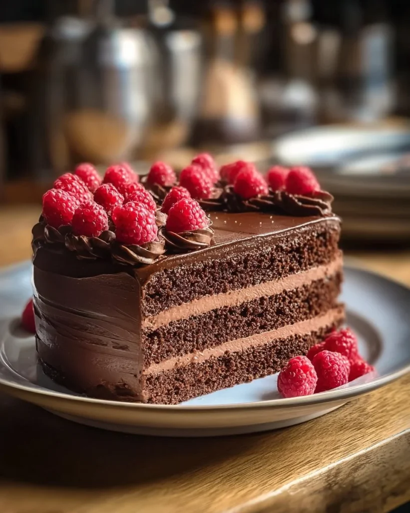 Delicious decadent chocolate cake topped with chocolate frosting and sprinkles.