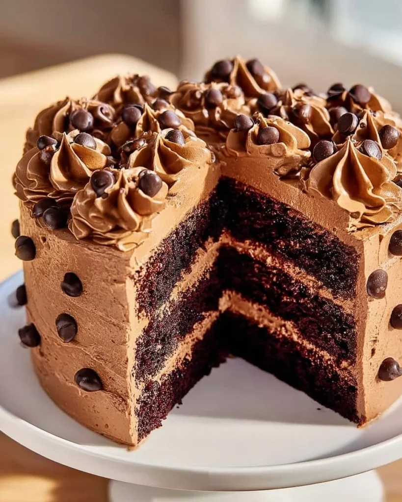 Decadent chocolate cake with rich chocolate buttercream on a cake stand