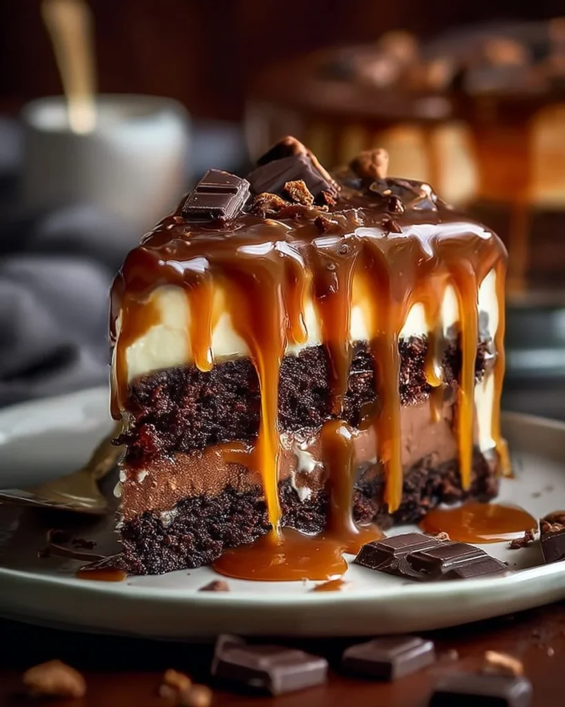 Slice of decadent chocolate caramel cheesecake topped with chocolate drizzle and caramel