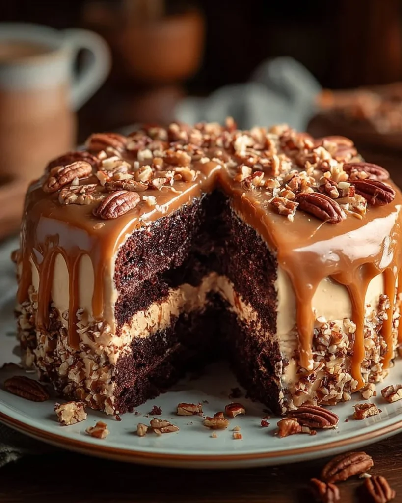 Decadent chocolate caramel pecan cake topped with nuts and drizzled with caramel sauce.