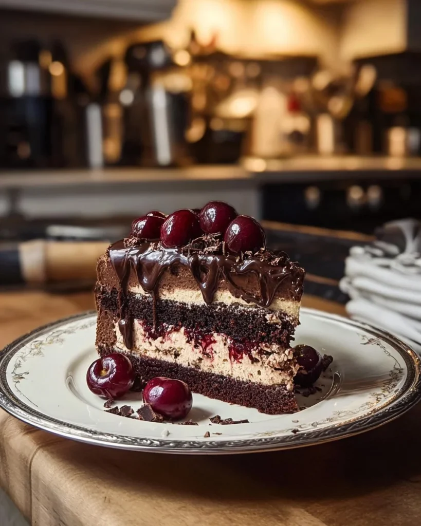 Decadent chocolate cherry cake topped with luscious cherries and chocolate icing