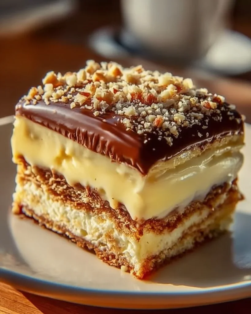 Decadent chocolate cream cake topped with luscious chocolate frosting and cream