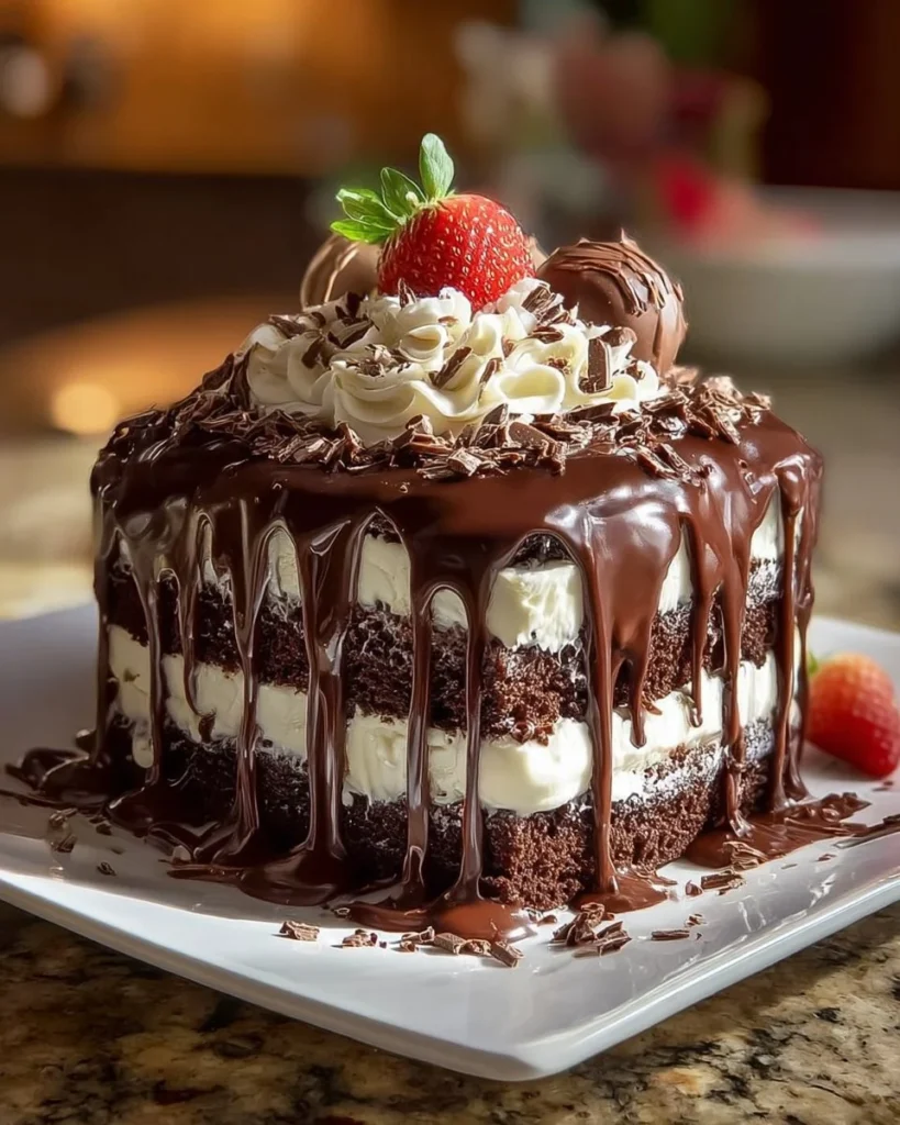 Decadent chocolate ganache cake topped with creamy ganache and chocolate shavings.