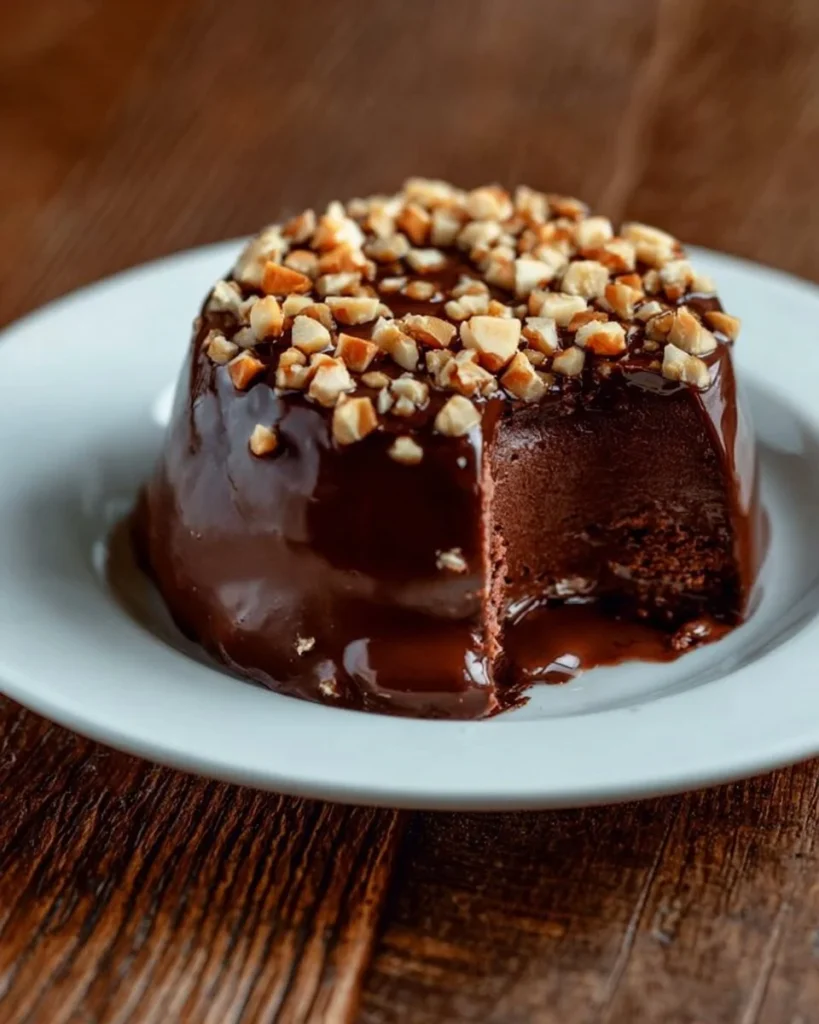 Decadent chocolate hazelnut mousse cake garnished with chocolate shavings and hazelnuts.