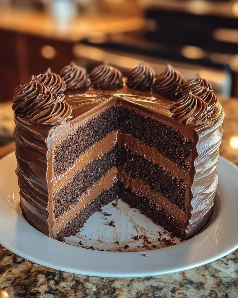 Decadent chocolate layer cake with rich frosting and layers of moist chocolate sponge.