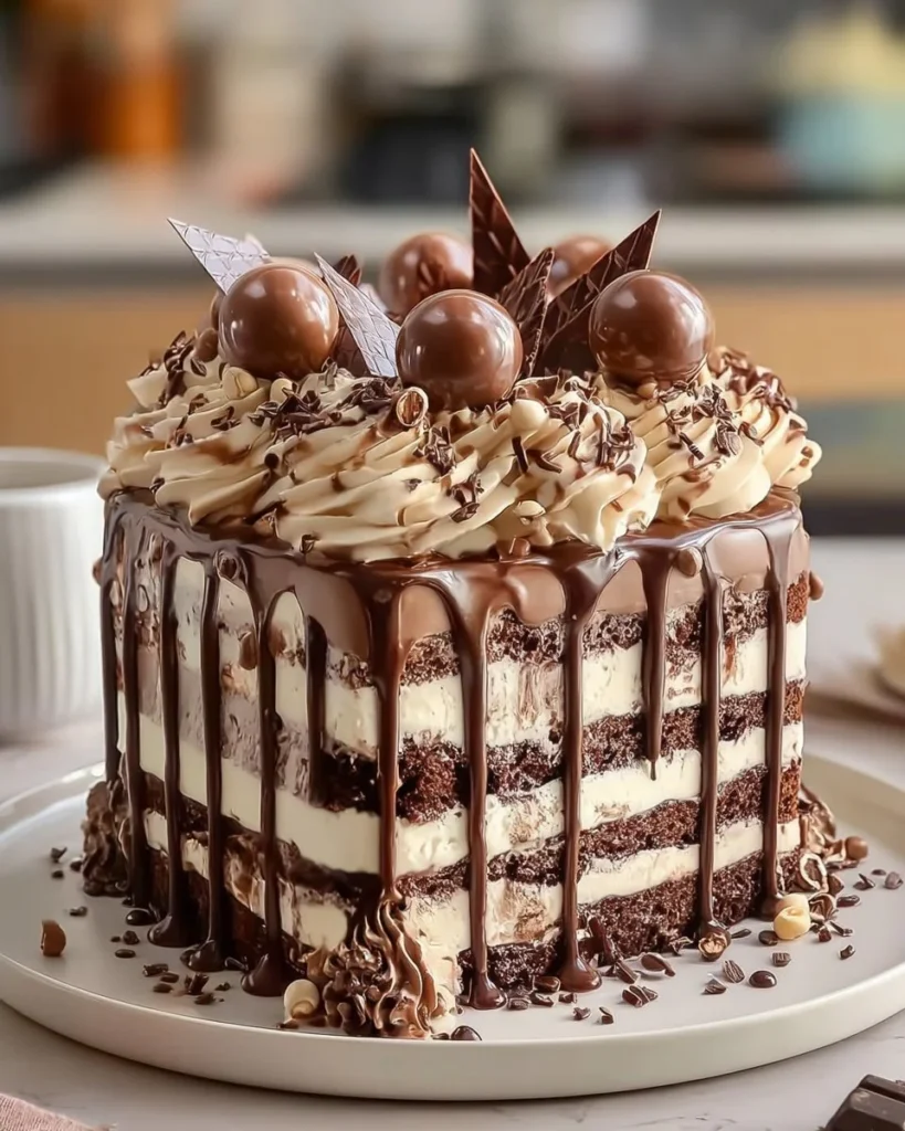 Decadent chocolate layer cake with rich frosting and layers of chocolate flavor