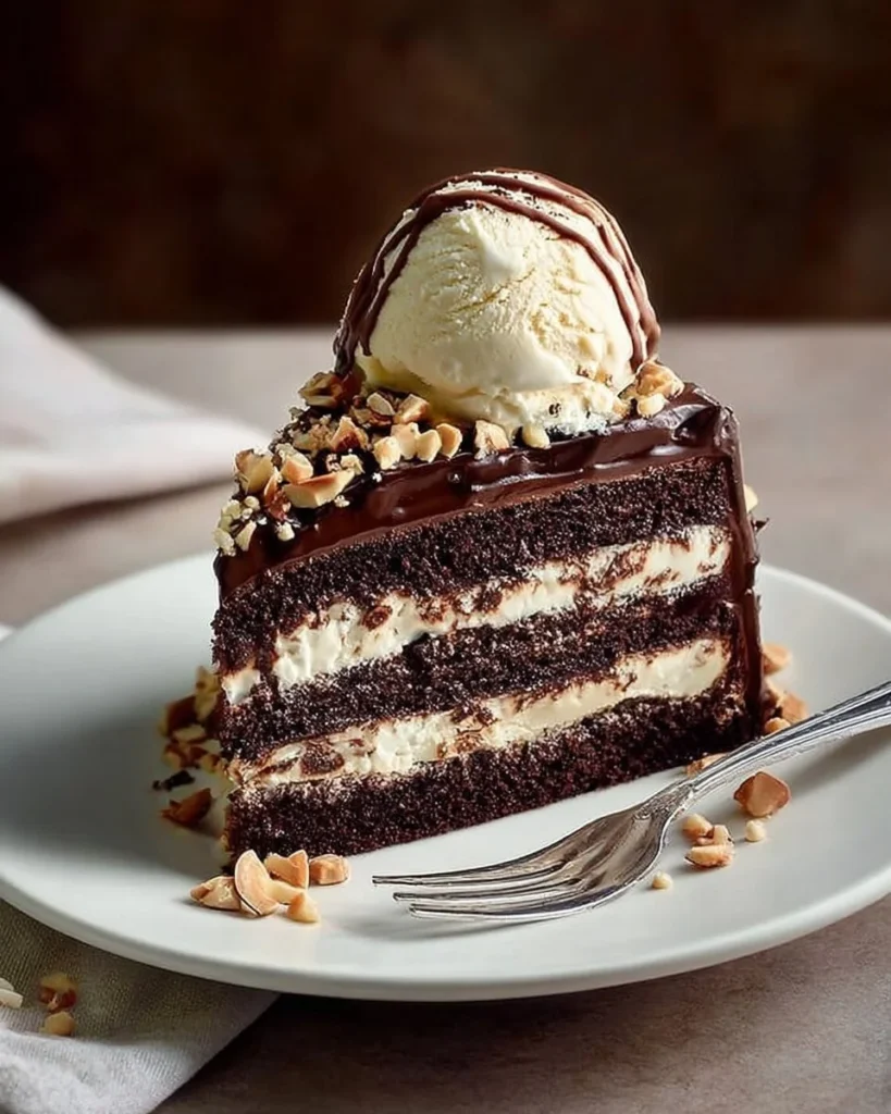 Decadent chocolate layer cake with rich frosting and layers of chocolate sponge.
