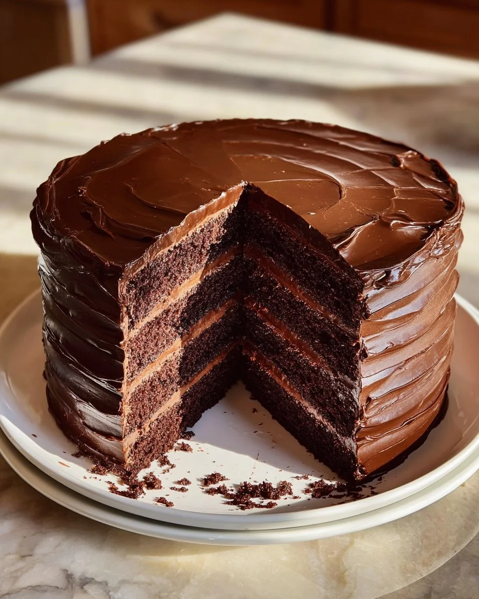 Decadent chocolate layer cake with rich frosting and layers of moist chocolate sponge