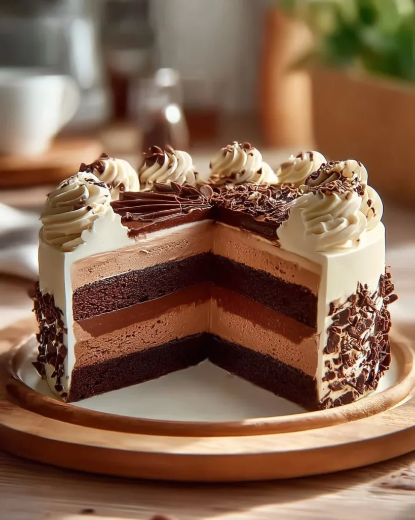 Decadent chocolate layer cake with rich chocolate frosting and layers