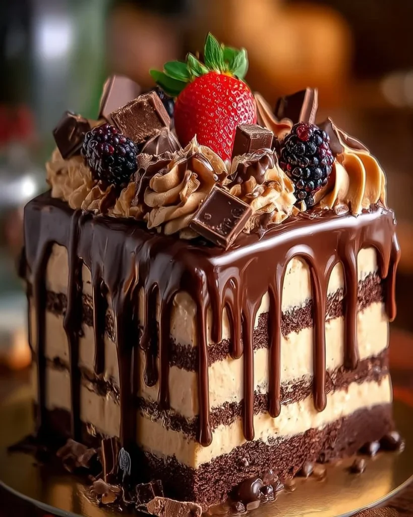 Decadent chocolate layer cake with creamy filling and ganache drip