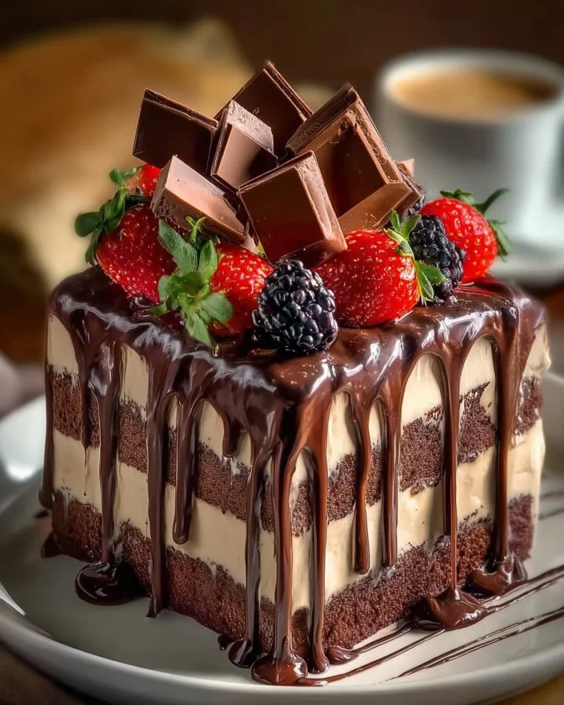 Decadent chocolate layer cake with creamy filling and ganache drip