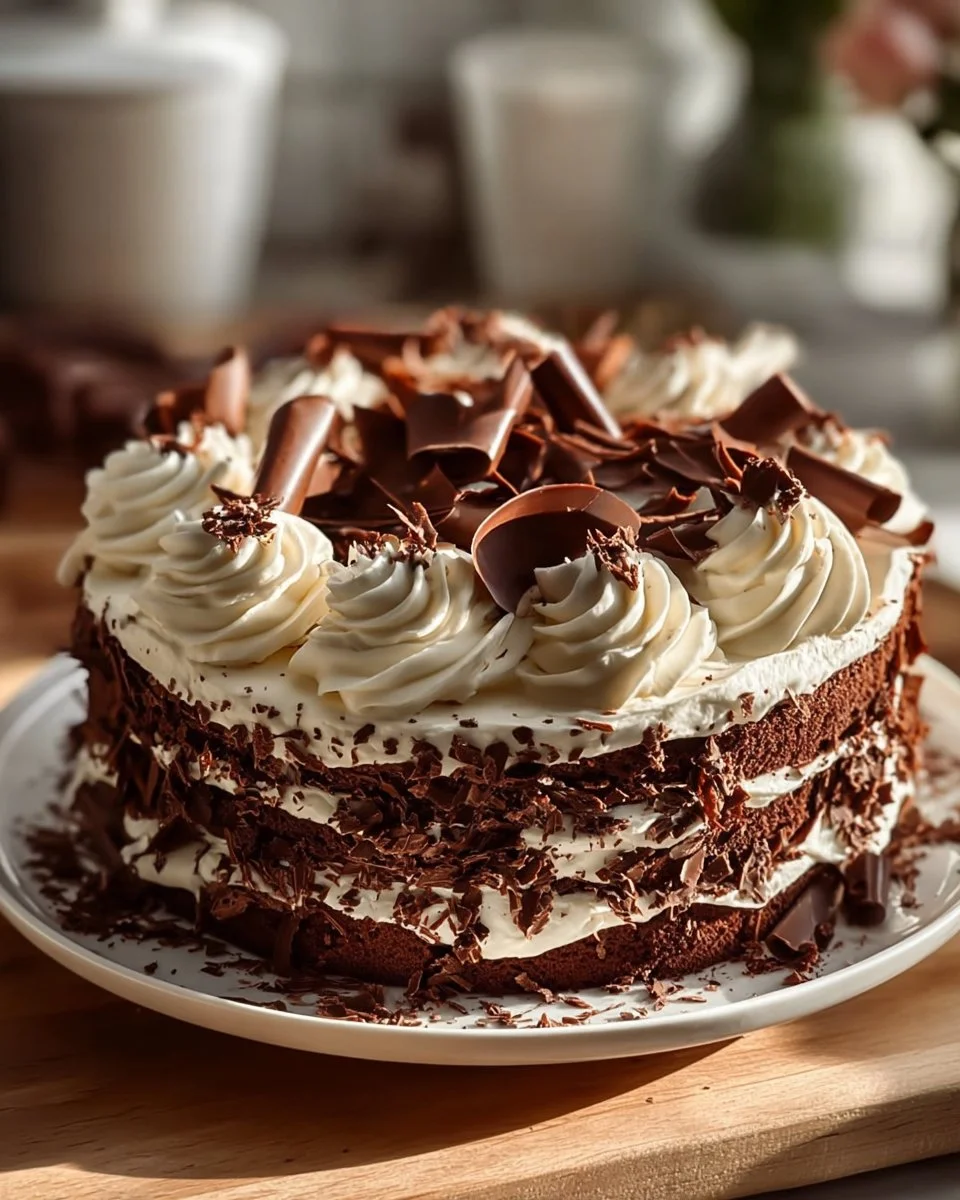 Decadent chocolate layer cake with creamy frosting and chocolate shavings on top.